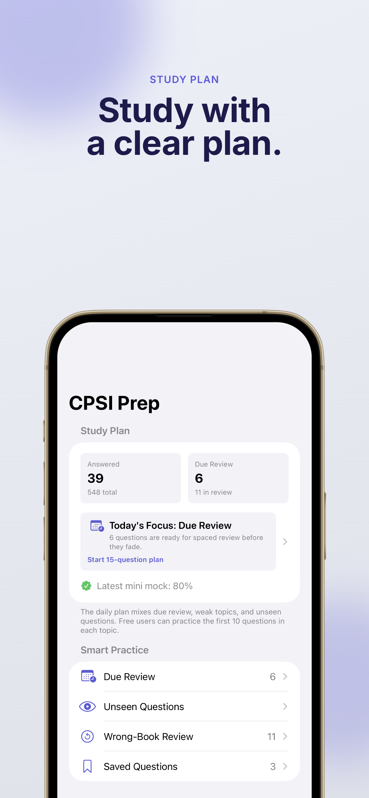 CPSI Exam Prepare home screen showing study progress and quick access to practice modes