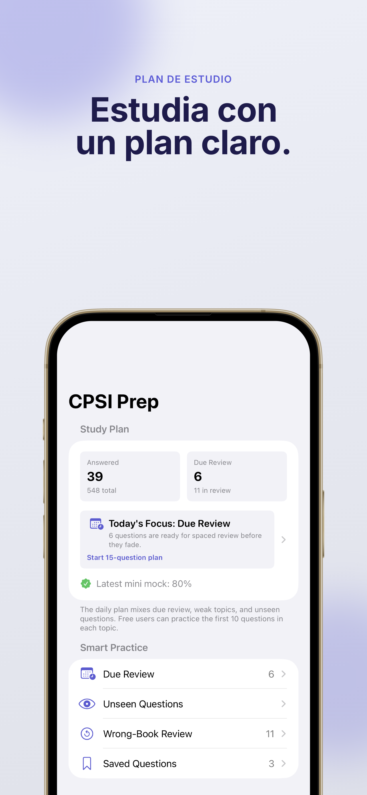Pantalla de inicio de CSPI Exam Prepare con progreso de estudio y acceso rápido a modos de práctica